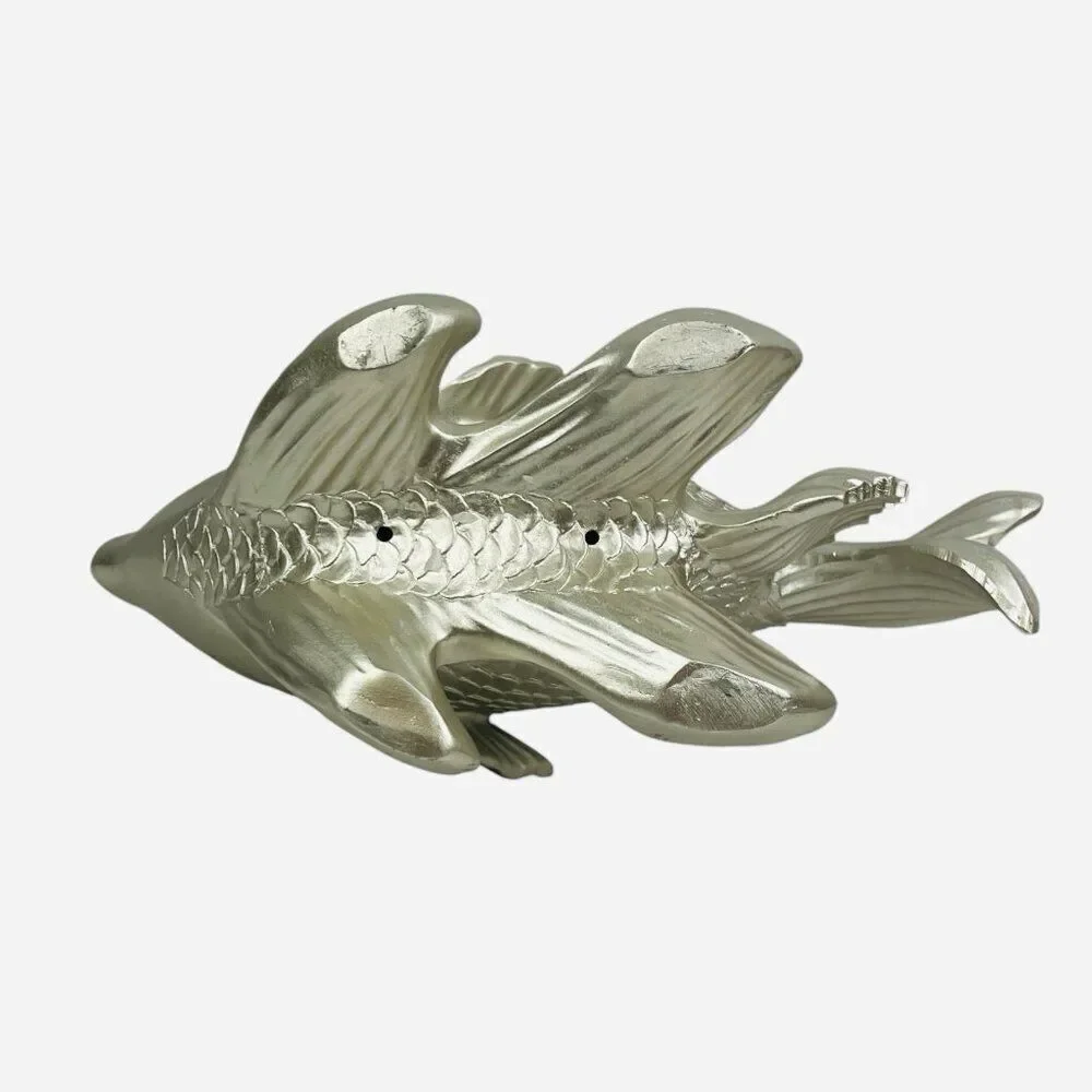 Large Silver Fantail Fish Resin Statue Jewel Rhinestone Eyes Sculpture Decor Art